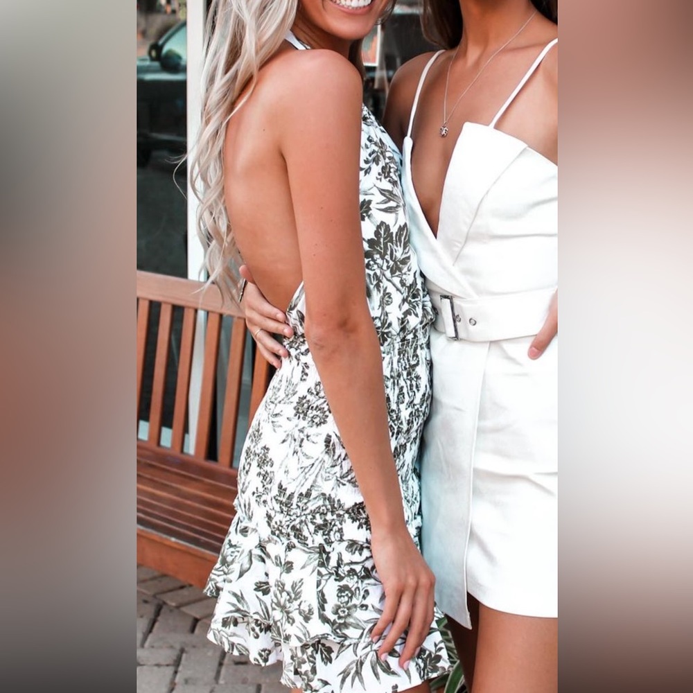 Green and white floral dress, mini, backless